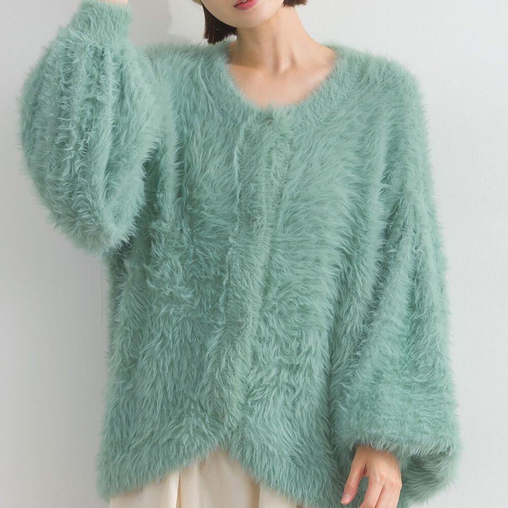 柔和蓬鬆毛海繭型針織開襟衫/外套-薄荷綠