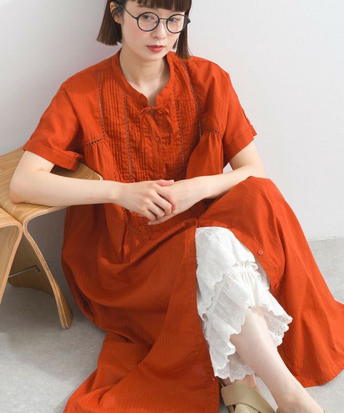 日本 Lupilien - 100%印度棉 細緻鏤空蝴蝶結短袖洋裝-卡其棕