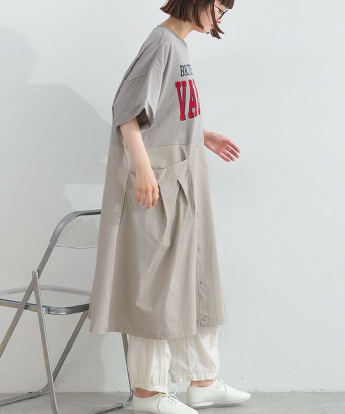 日本 Lupilien - 異素材撞色學院風俐落短袖洋裝-米白