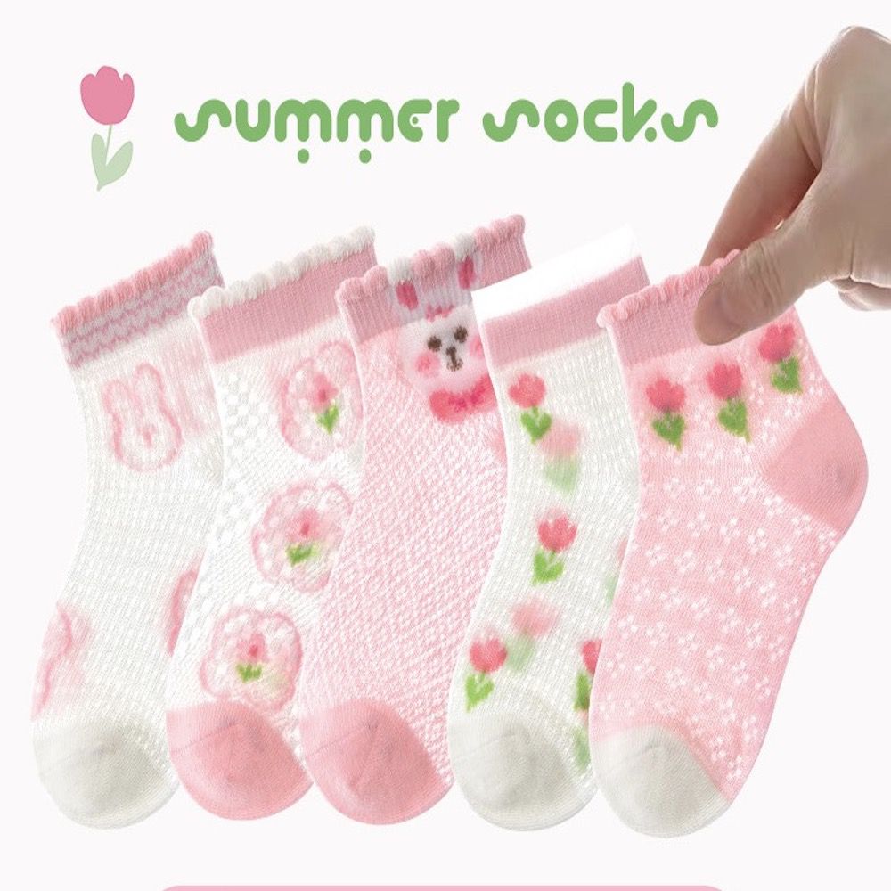 love, charlotte - 粉紅花朵兔兔網眼短筒棉襪 (XL (腳長19-21cm))-5 雙一組