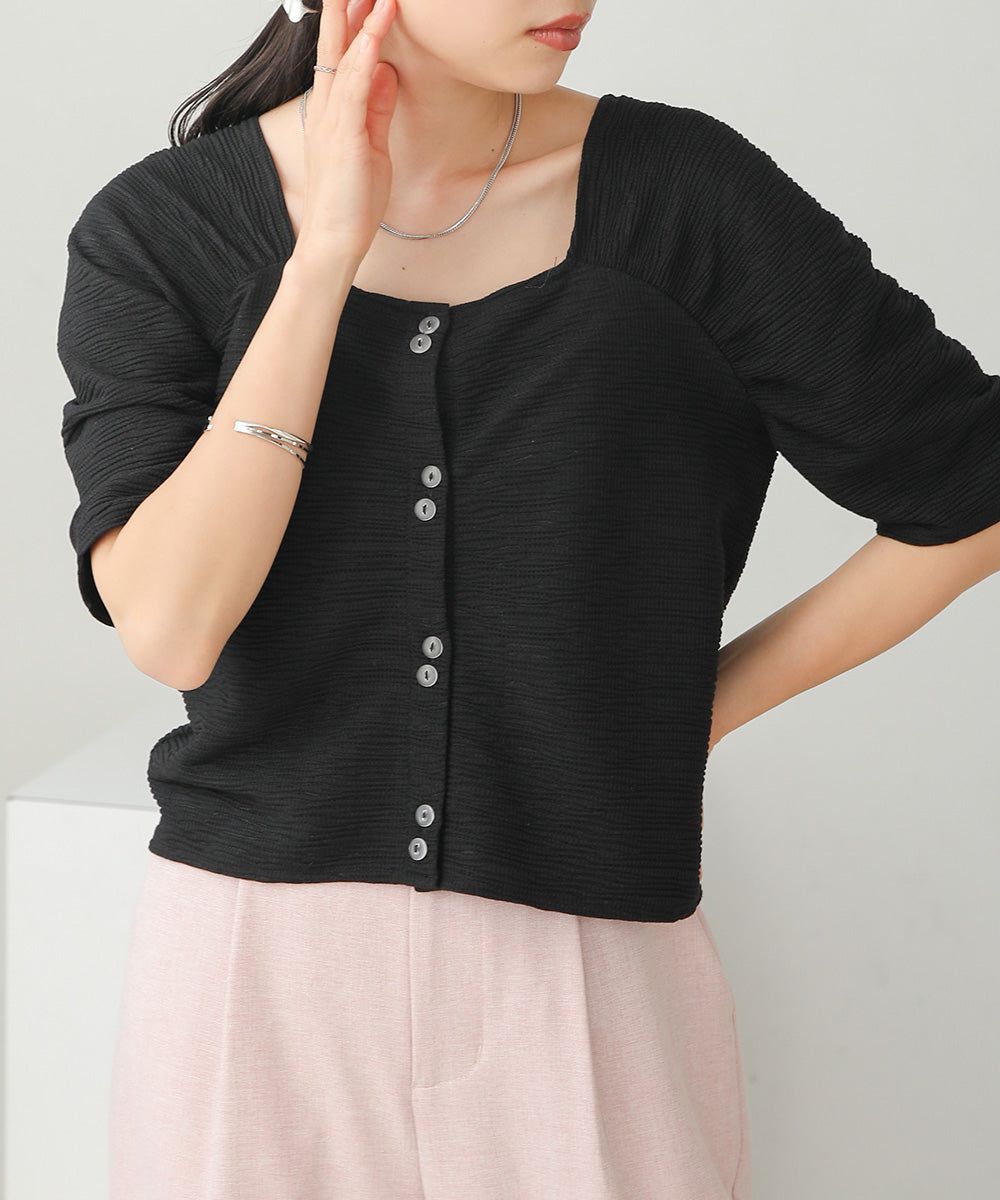 日本 Bab - 2WAY方領排扣五分袖上衣-米杏