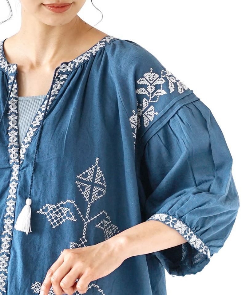 日本 zootie - 棉麻涼爽刺繡民族風洋裝-寧靜藍