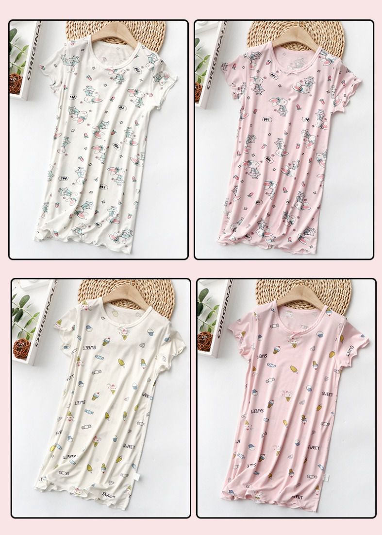 莫代爾涼感女寶連身睡裙/家居服-萌萌小兔-粉色