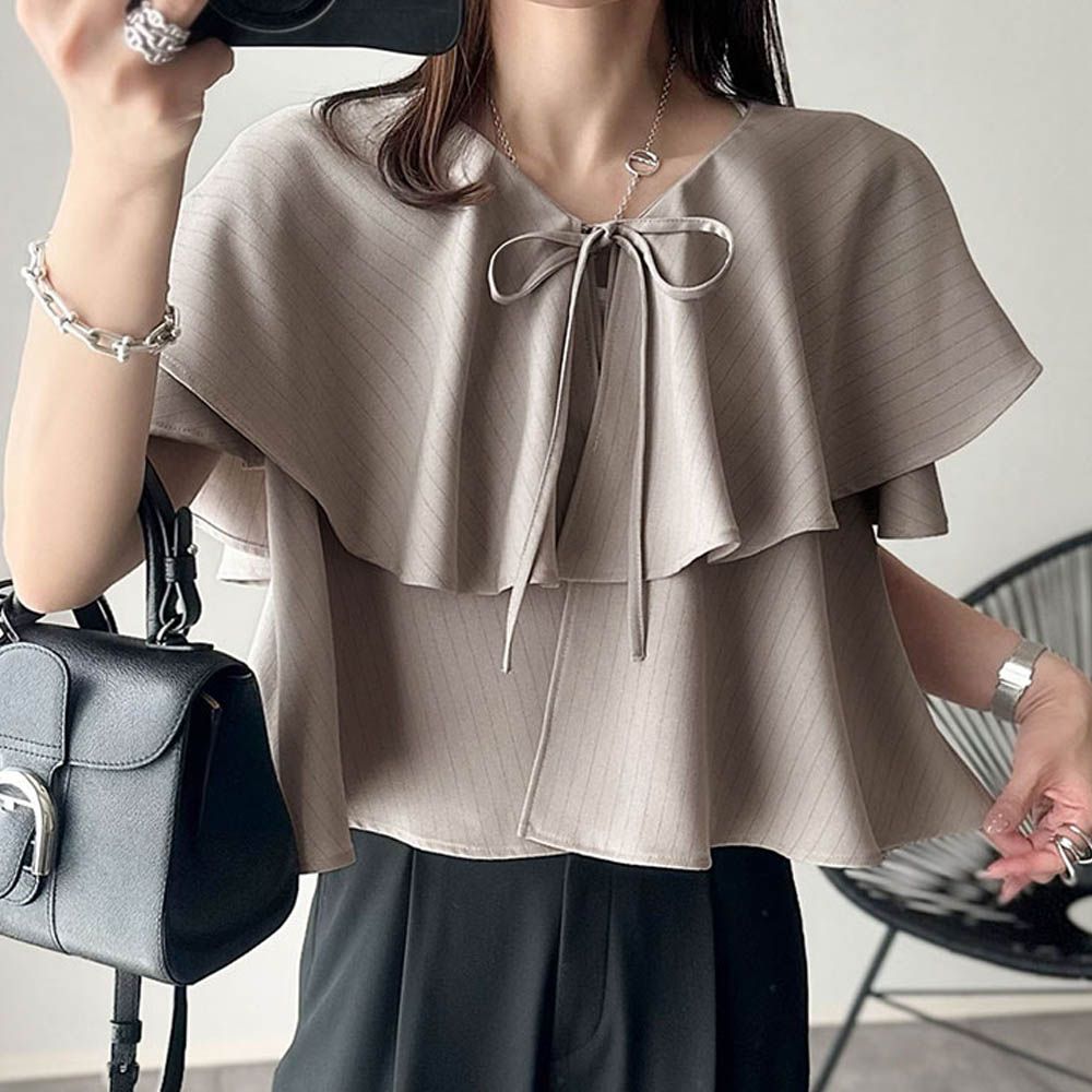 前後2way優雅荷葉大翻領上衣-細條紋-卡其棕