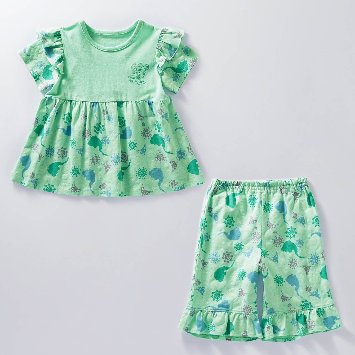 日本千趣會 - 迪士尼 夢幻荷葉短袖家居服/睡衣-艾莎-綠