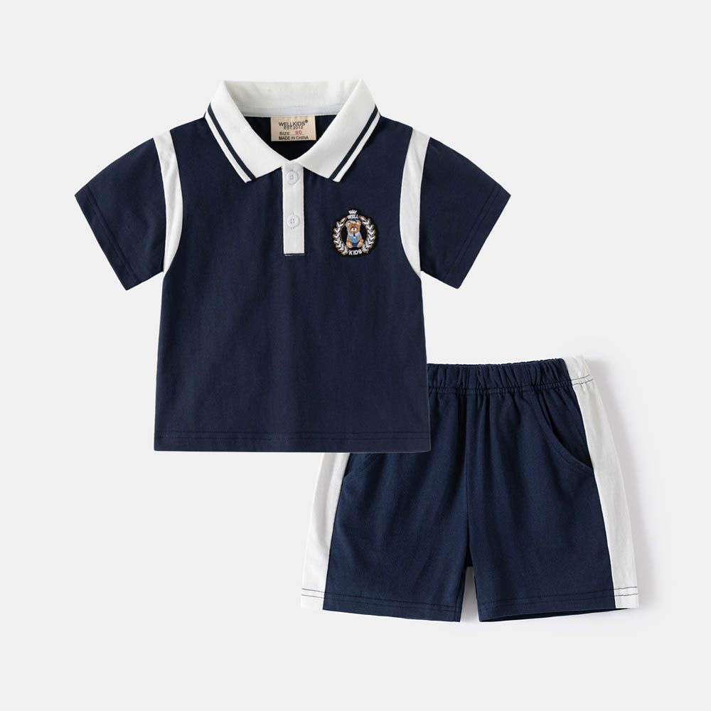 休閒翻領短袖上衣+五分褲套裝-拼色小熊-藏青