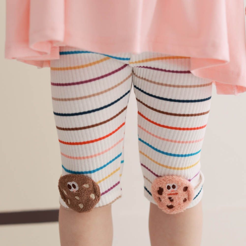 鬆緊腰毛絨餅乾裝飾內搭褲-彩虹條紋-棕X粉