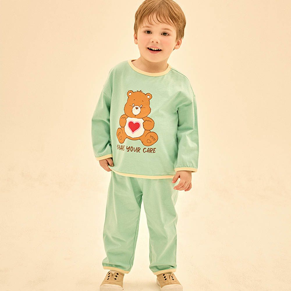 聯名款雙心熊熊純棉長袖套裝-湖水綠