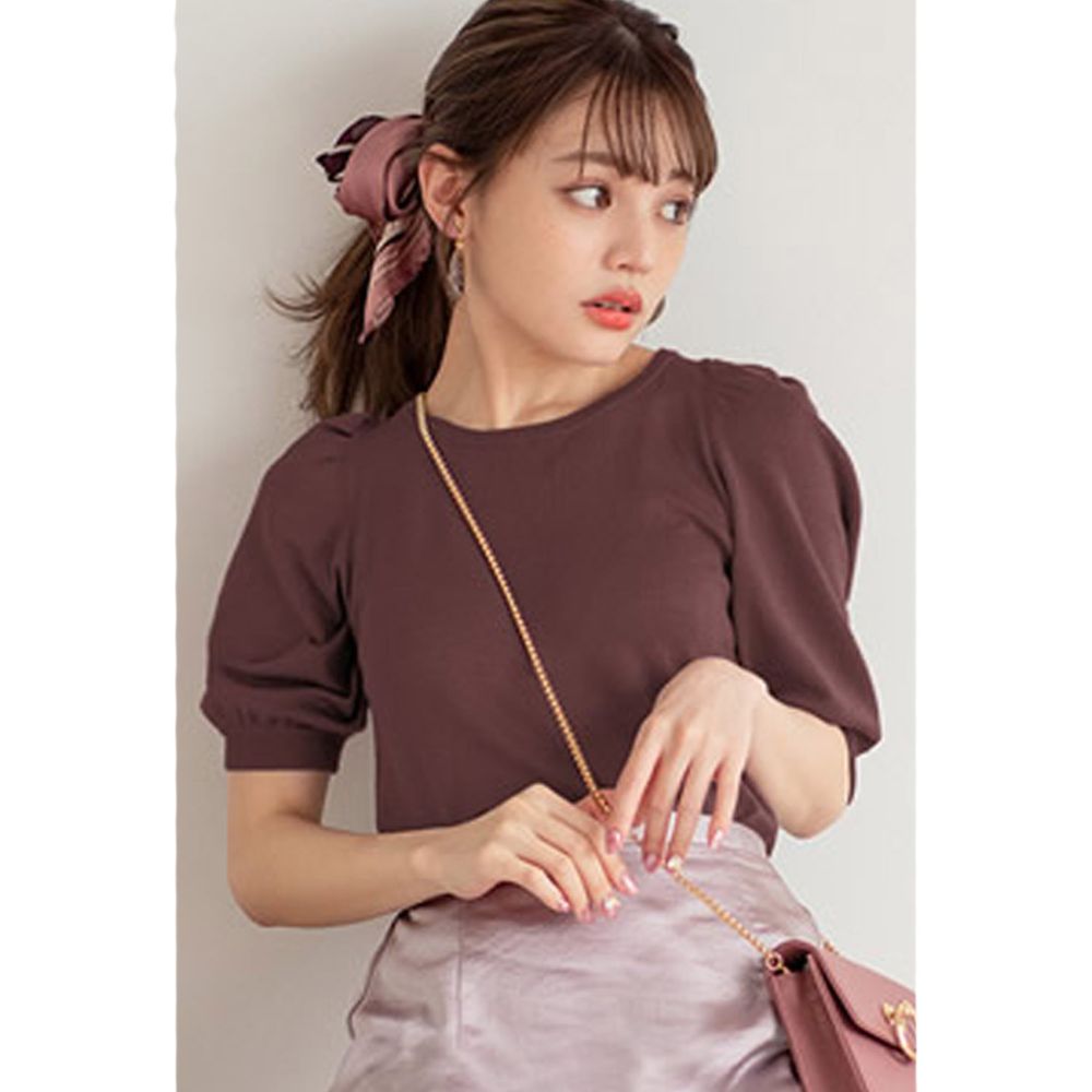 日本 GRL - 美背蝴蝶結綁帶針織五分袖上衣-深咖啡