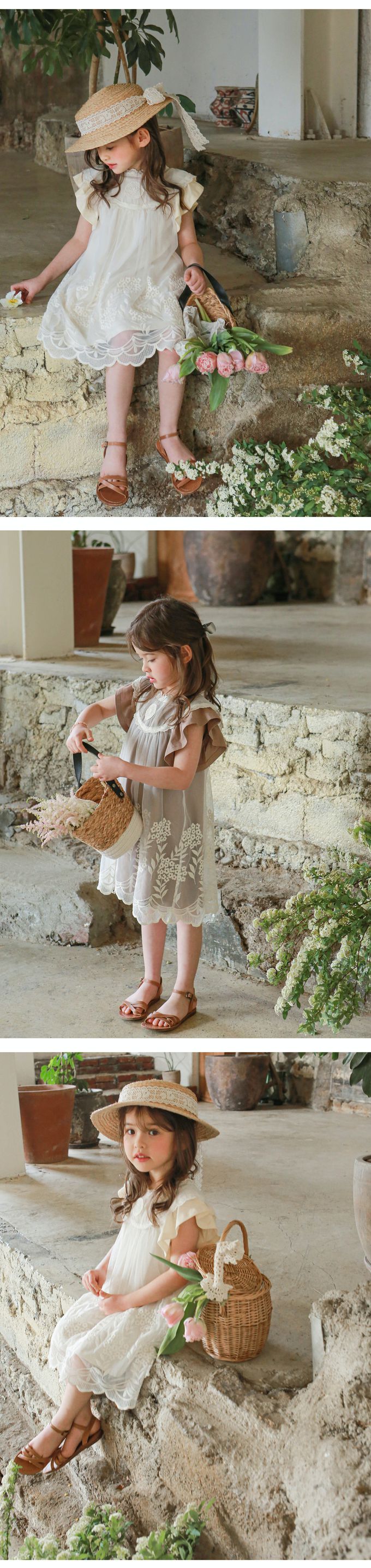 韓國 Puellaflo - 花蕾絲繡網紗背心洋裝-米白