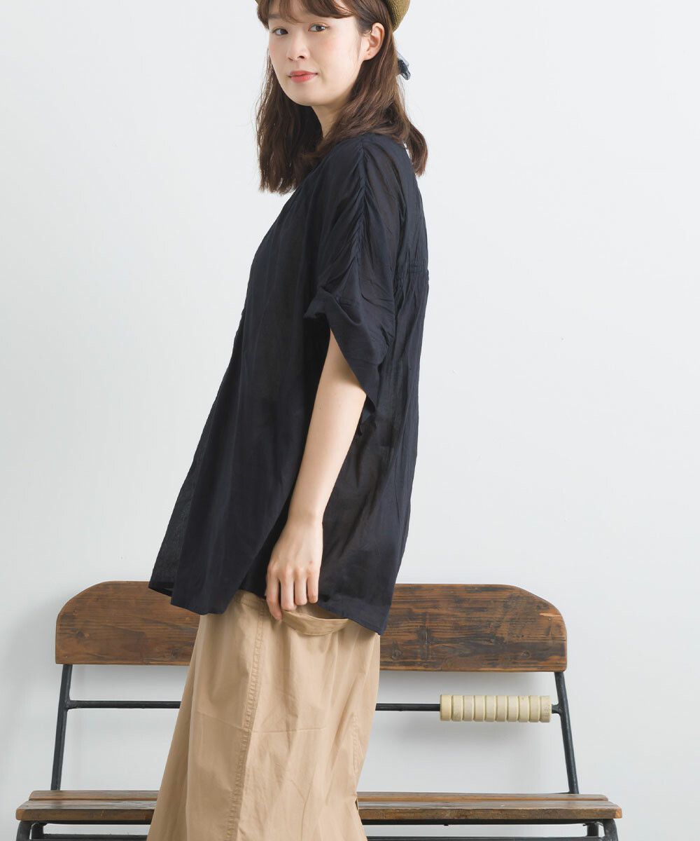 日本女裝代購 - 100%印度棉 質感百搭落肩短袖襯衫-經典黑