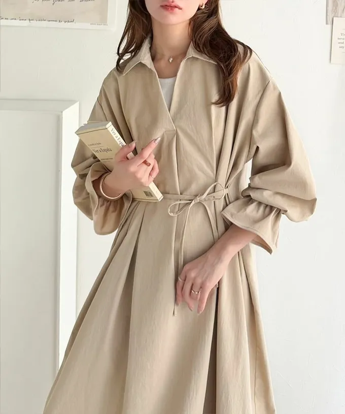 日本 Classical Elf - 糖果袖束腰修身立領長袖洋裝-黑