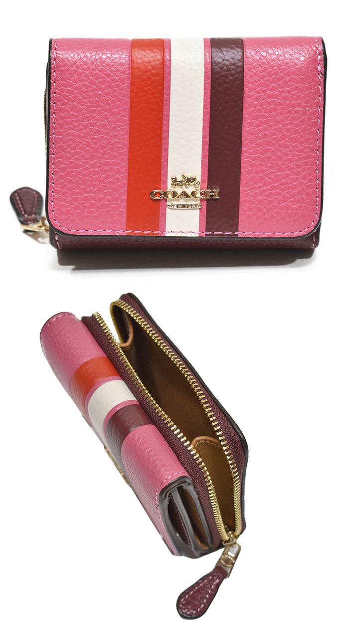 COACH - 條紋拼接皮革短夾 (桃粉)