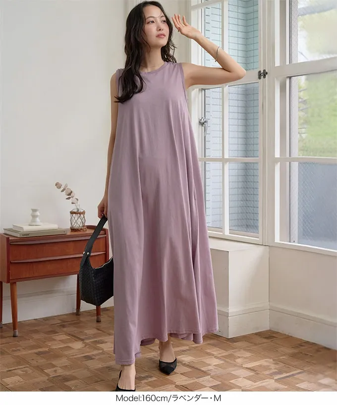 日本 Kobe Lettuce - 抗透汗 優雅A字無袖洋裝(附bra)-煙燻藍