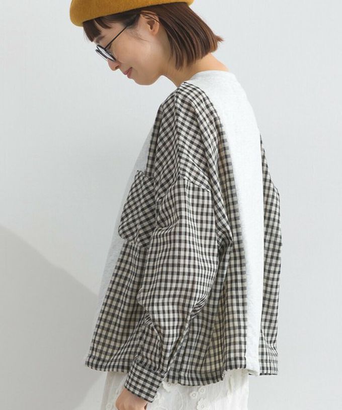 日本 Lupilien - 可愛格子拼接裏毛休閒襯衫-深灰x紅