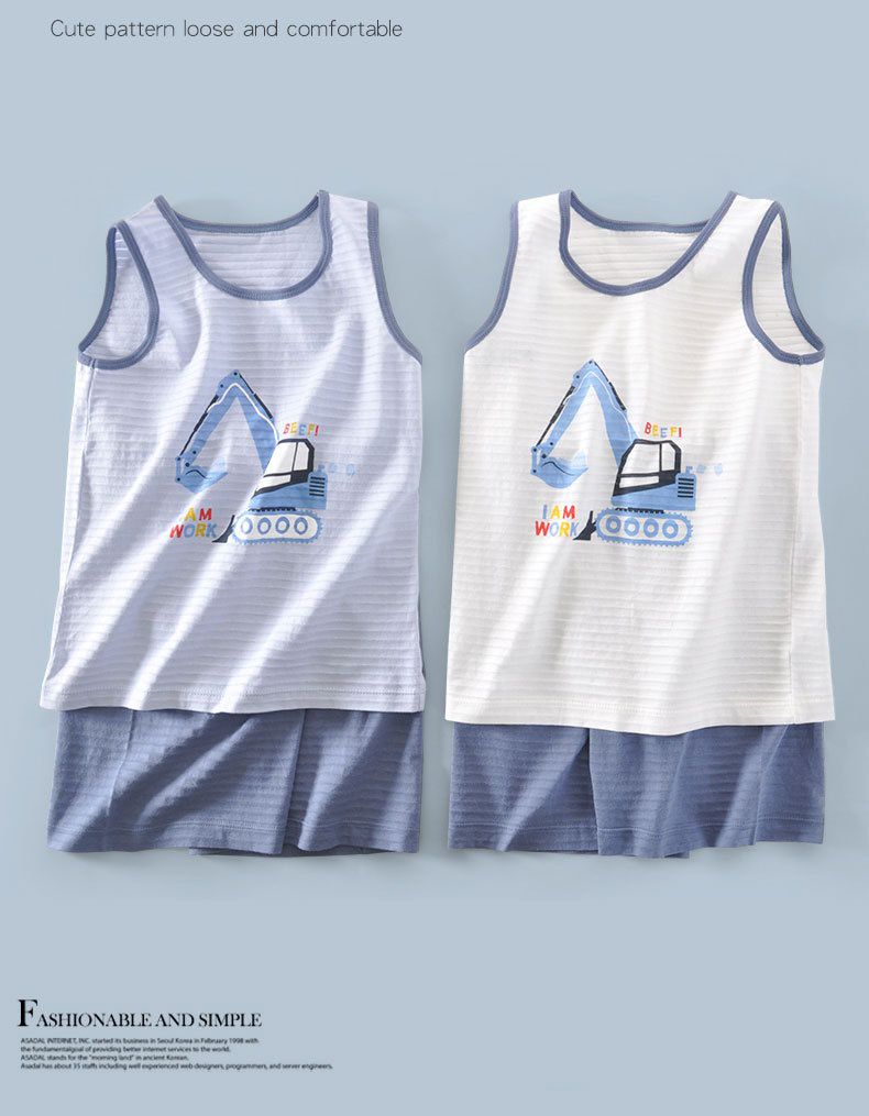 MAMDADKIDS - 竹節棉無袖套裝/家居服-挖掘機-白色