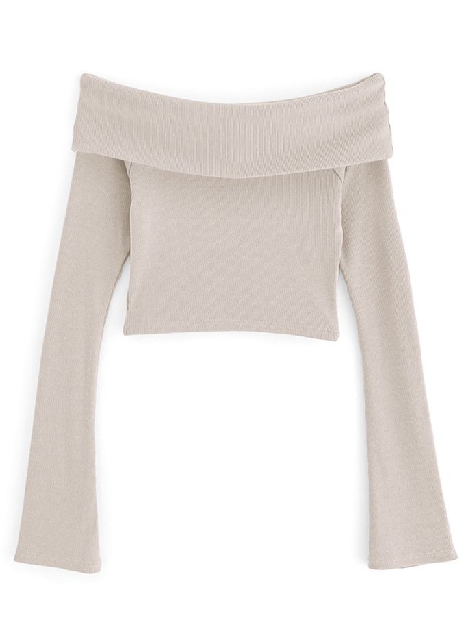 日本 GRL - 平口羅紋彈性長袖上衣-卡其米