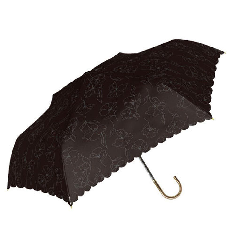 日本中谷 - 100%遮光 抗UV歐風波浪邊J型把手折疊傘-優雅花紋-簡約黑 (傘骨55cm)