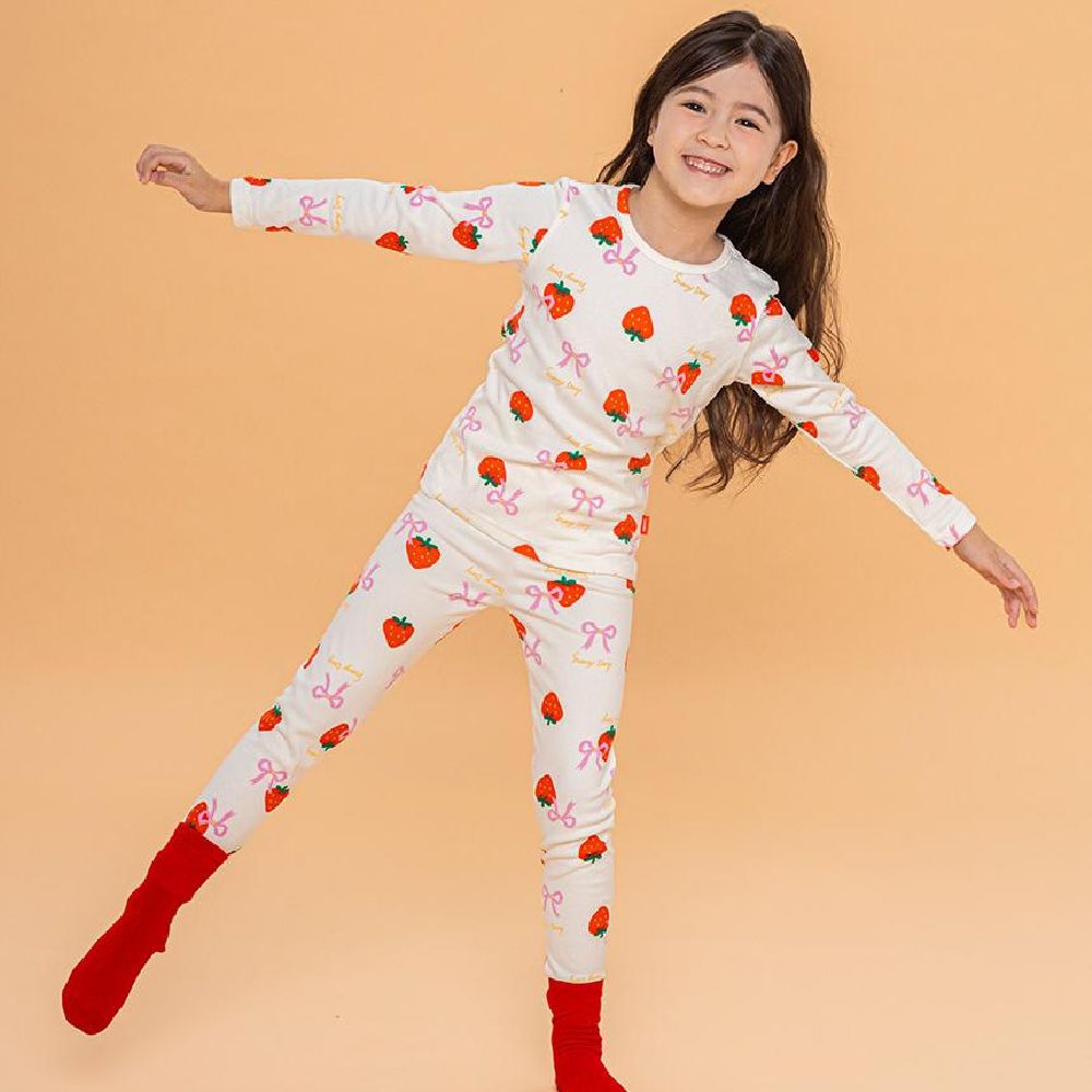 超細絨毛混織彈性長袖家居服-草莓蝴蝶結-象牙白