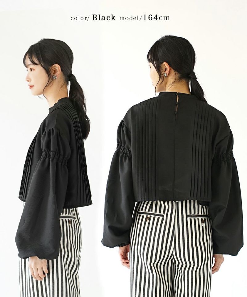 日本 zootie - 短版立領百褶泡泡袖上衣-經典黑