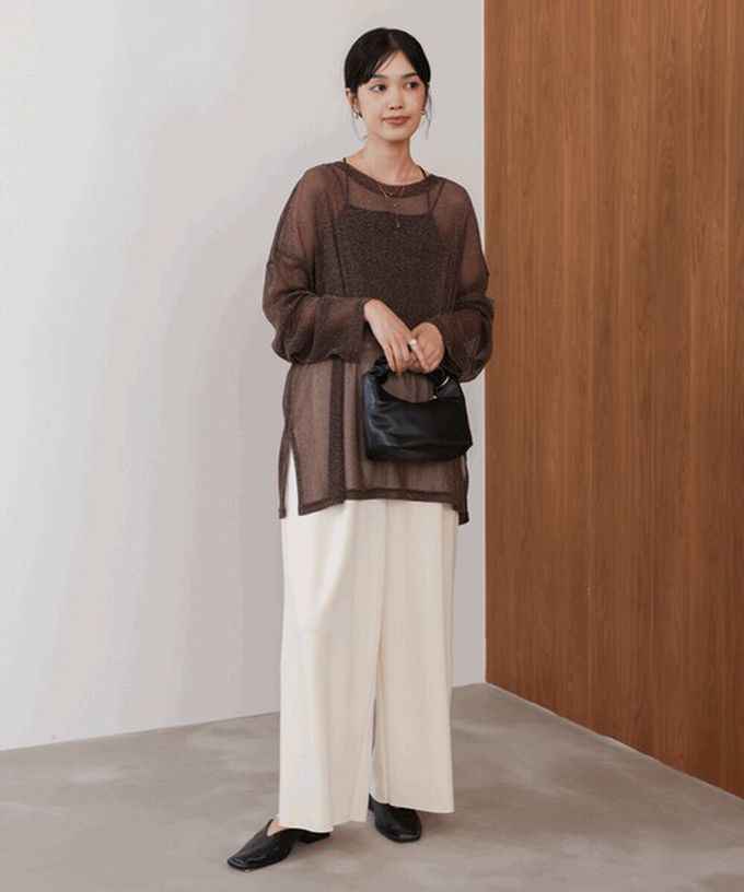 日本 Bab - 光澤閃耀透膚寬版長袖上衣-咖啡