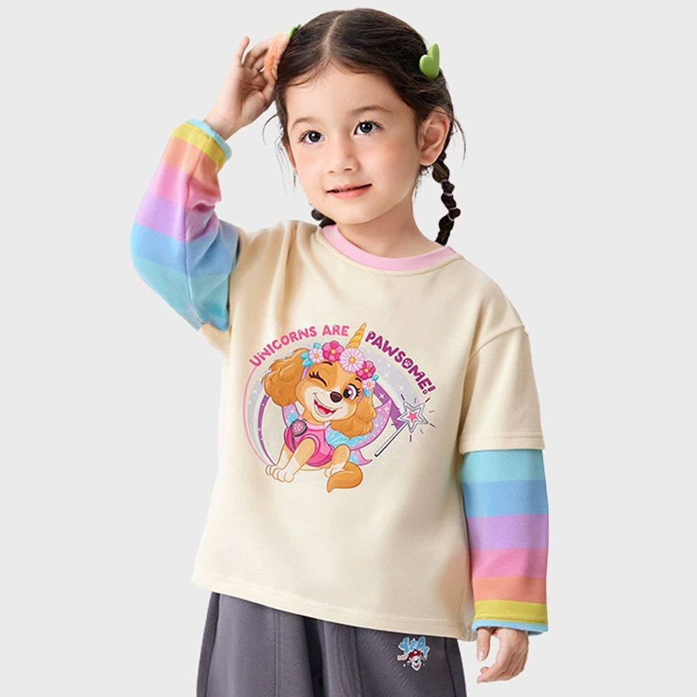 卡通汪汪隊假兩件長袖上衣-卡通人物天天-米杏+彩虹條紋