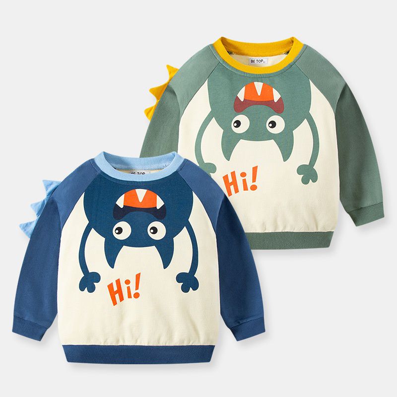 純棉圓領立體長袖上衣/大學T-調皮妖怪-軍綠色