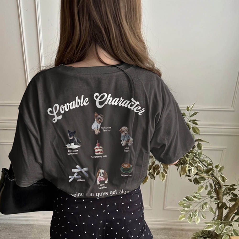 logo刺繡可愛印花T恤-狗狗好朋友-炭灰 (F)