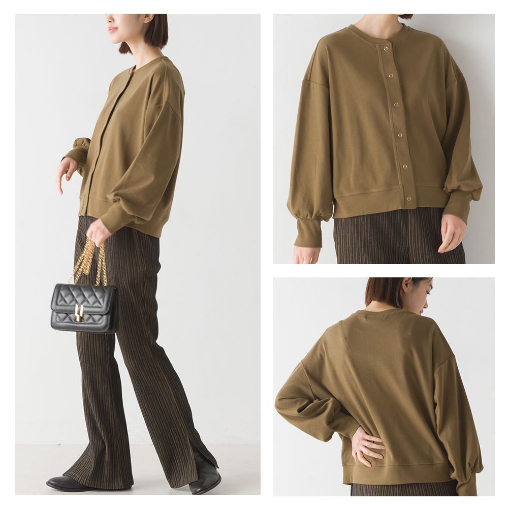 日本 OMNES - 柔美小V領澎澎袖薄外套-橄欖綠