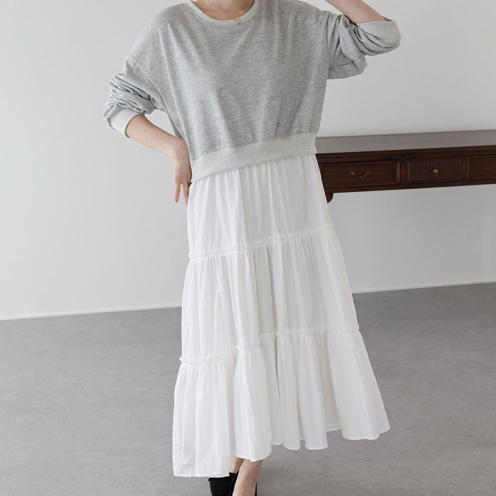 俏麗假二件分層澎盈長袖洋裝-淺灰 (M)