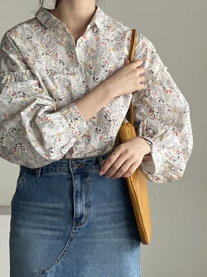 韓國女裝連線 - 花草圖樣翻領拼接長袖襯衫-象牙白 (FREE)