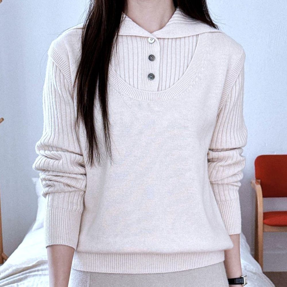 細緻喀什米爾羊毛假兩件翻領長袖針織上衣-燕麥米 (FREE)