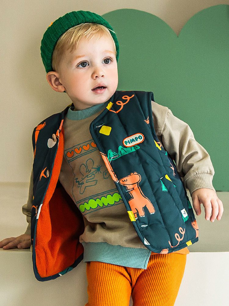 韓國Pimpollo - 手繪風自信恐龍保暖背心-灰