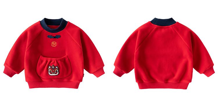 加絨喜氣洋洋半高領長袖上衣-年獸小口袋-紅色