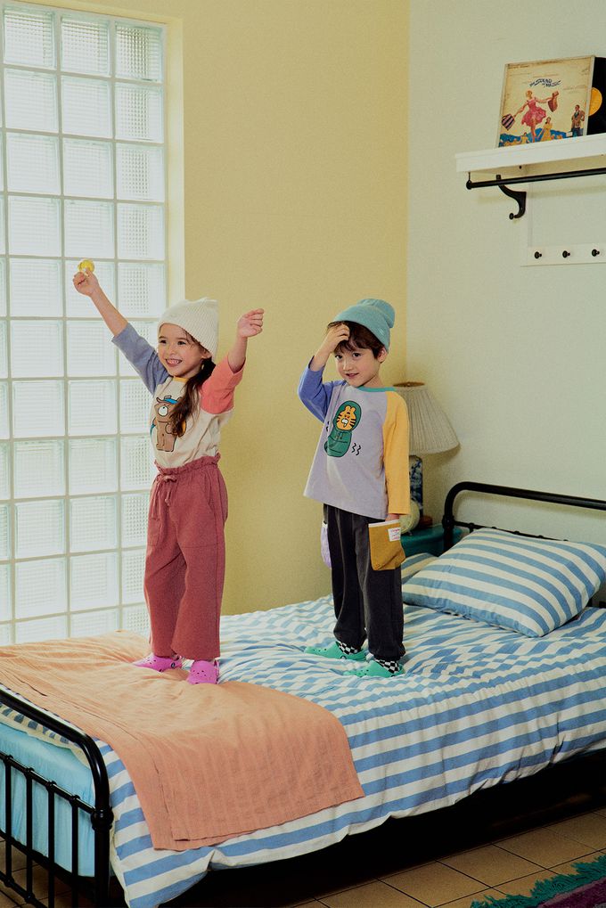 韓國 First Blue - 鬆緊腰雙色口袋縮口長褲-黑灰