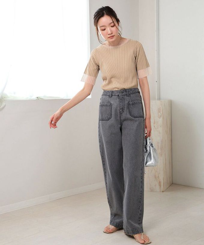 日本 Bab - 柔美異材質顯瘦羅紋五分袖上衣-炭灰