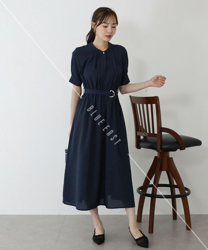 日本 BLUE EAST - 優雅打褶2way領束腰短袖洋裝-摩卡