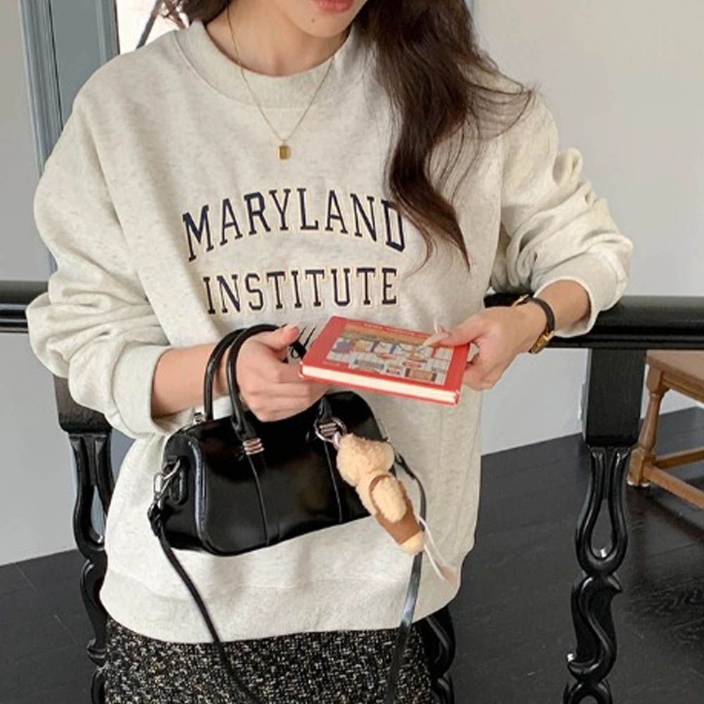 長袖大學T-慵懶撞色字母-麻灰 (F)