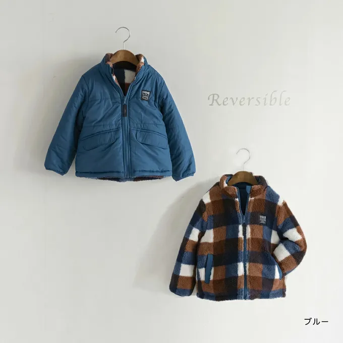日本 BRANSHES - 2way雙面異材質保暖鋪棉外套(可機洗)-格子-寶藍