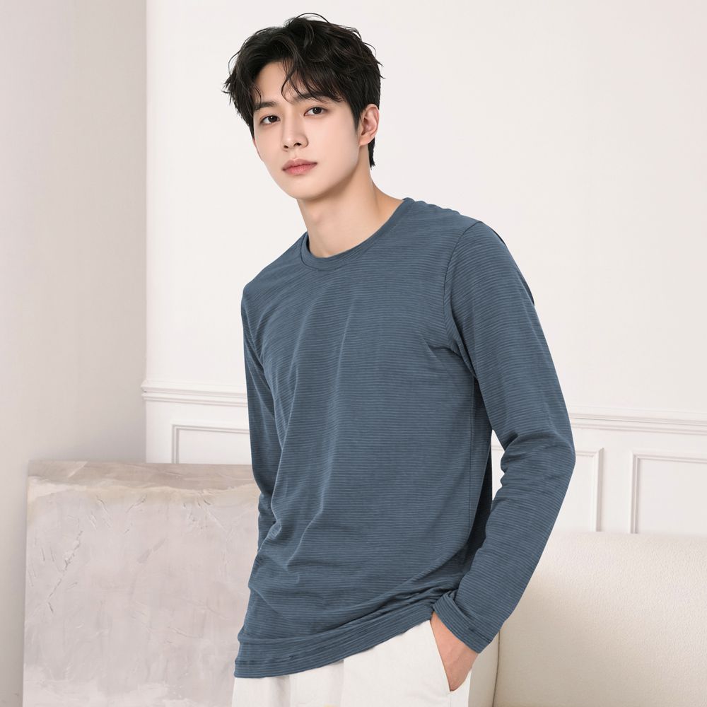 男款膠原蛋白蓄熱保暖衣-圓領-霧藍