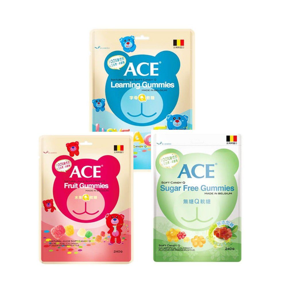 ACE - 綜合Q軟糖-240g/袋*3-(水果/字母/無糖)