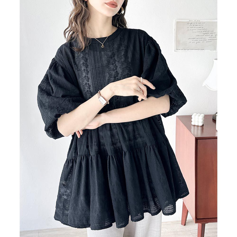 日本 Classical Elf - 3WAY刺繡雕花廓形短袖襯衫-黑色
