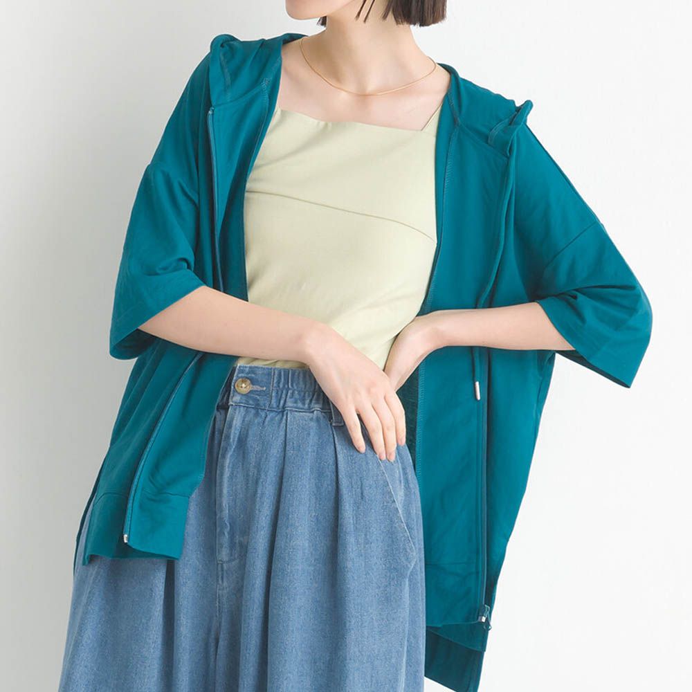 接觸涼感 五分袖抽繩連帽外套-寶石綠