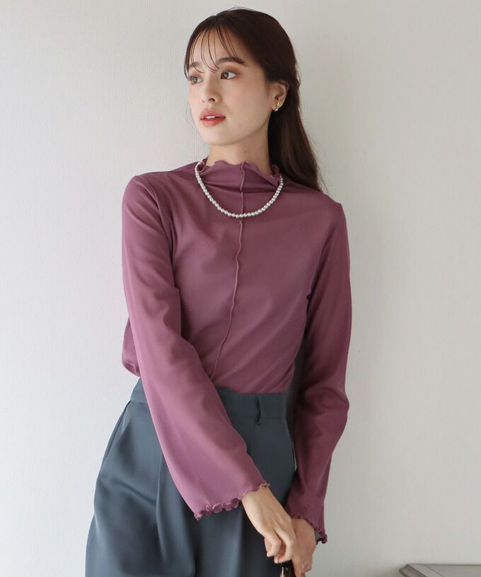 日本 BLUE EAST - 百搭木耳捲邊長袖上衣-白杏