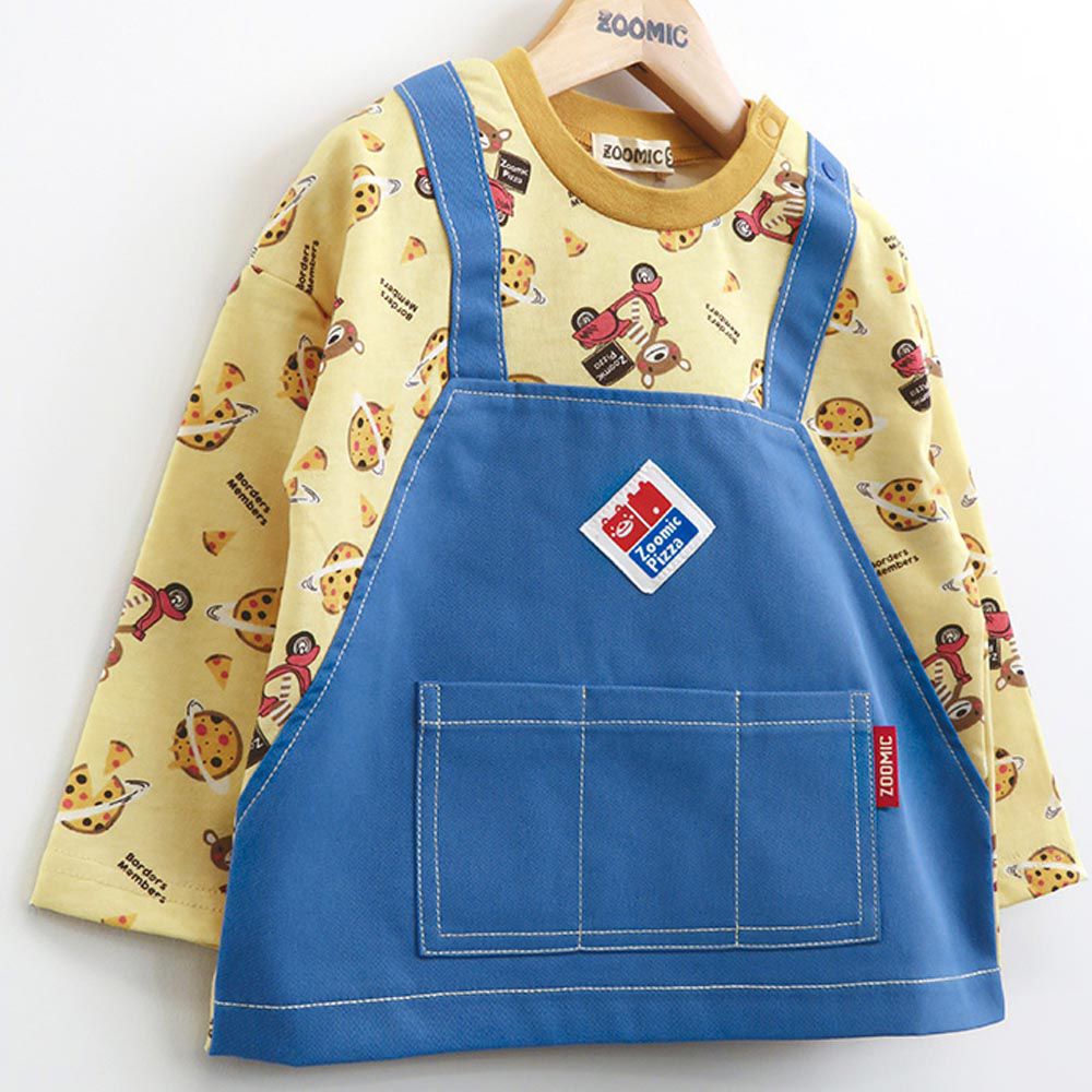 日本 ZOOLAND - 披薩星球假二件長袖上衣-小熊外送-藍色背心