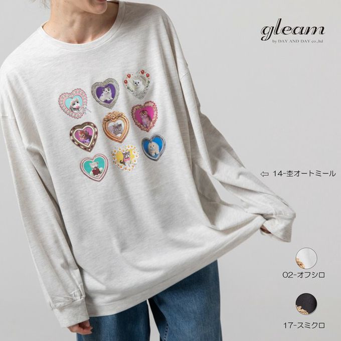 日本 gleam - 可愛貓咪相框寬版長袖T恤-白