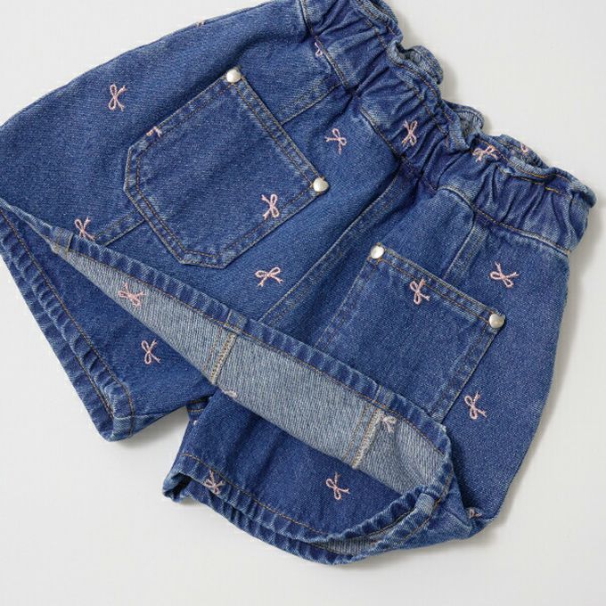 日本 Lycee mine - 甜美刺繡純棉丹寧風褲裙-櫻桃-淺藍