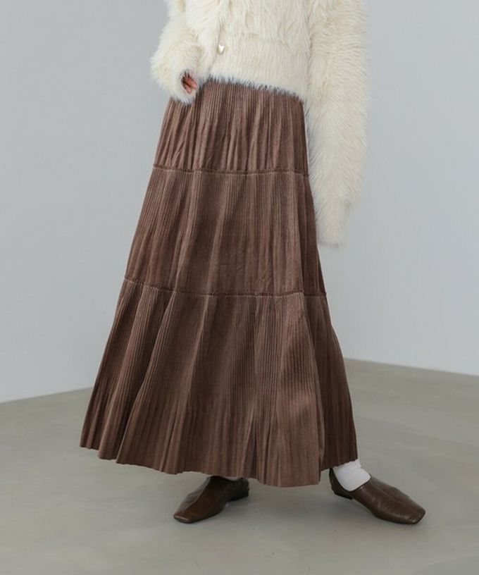 日本 Bab - 飄逸感絲滑絨面細摺長裙-深咖啡