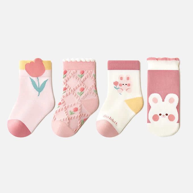 害羞小兔鬱金香粉橘色純棉短筒襪