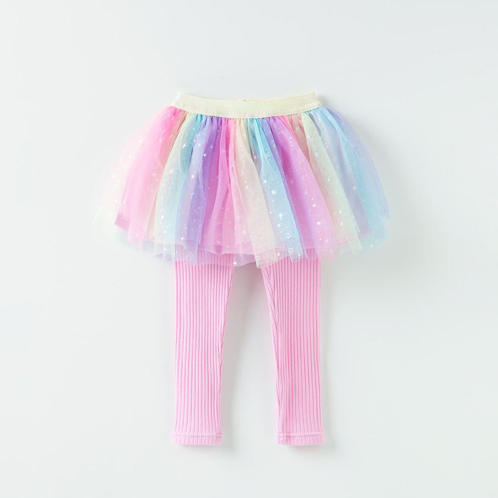 韓國 OZKIZ - 鬆緊腰彩虹星彩層次網紗裙內搭褲-粉